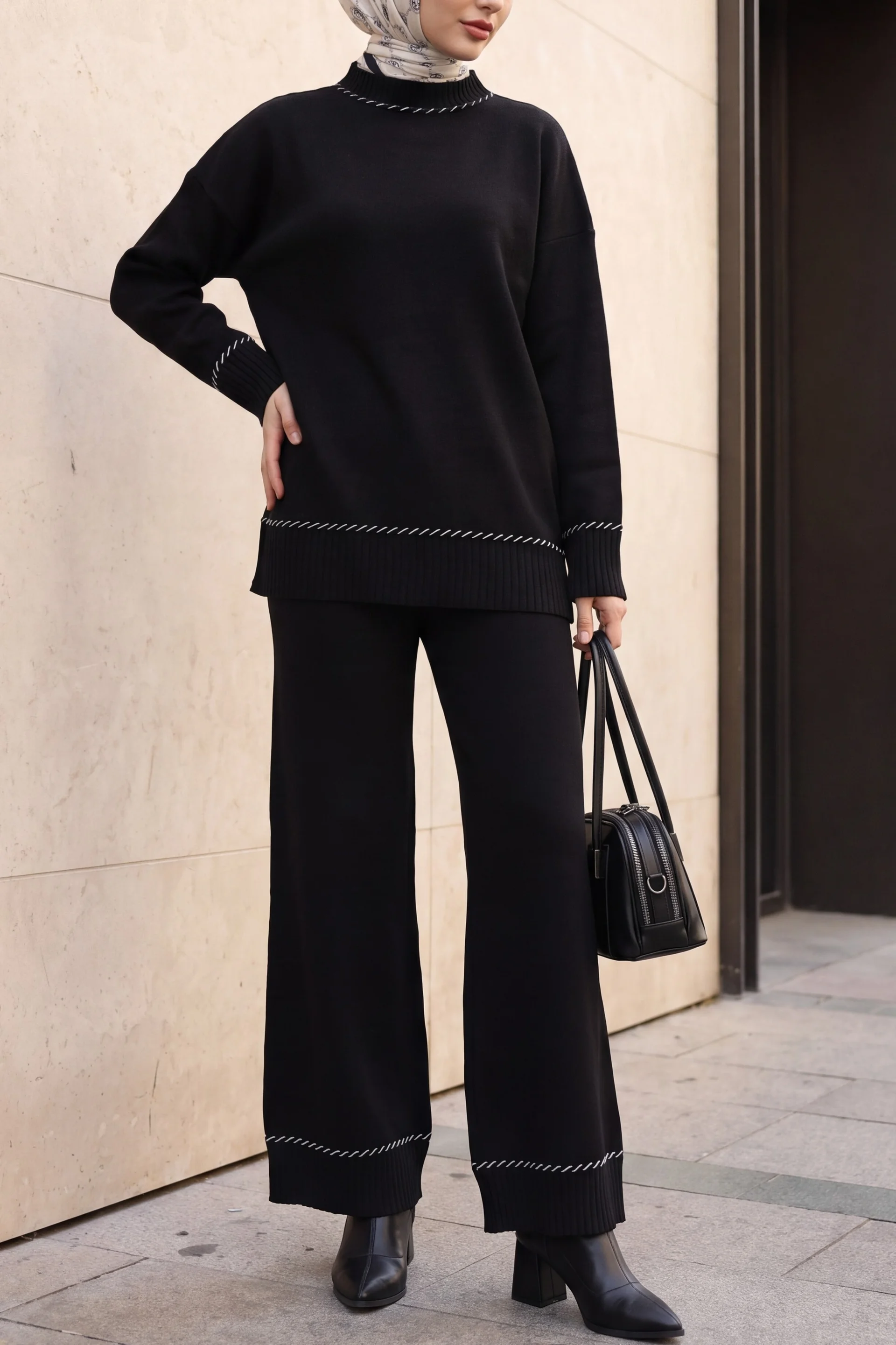 Women's Ribbed Trim Knit Top and Wide-Leg Trouser Set - Black - Podyumplus - by Peralane