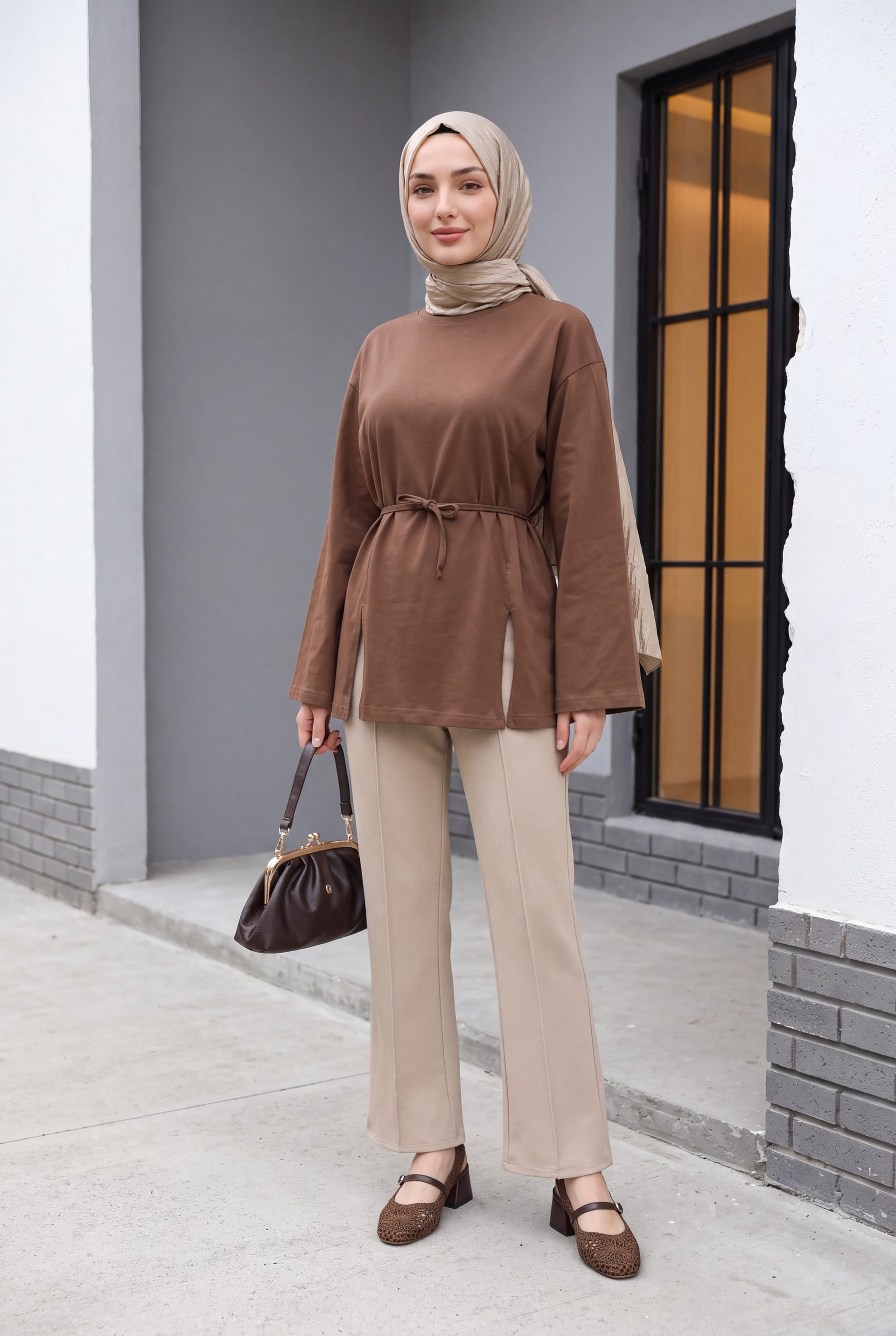 Drawstring Side-Slit Jersey Tunic - Brown - Podyumplus - by Peralane - photo 3