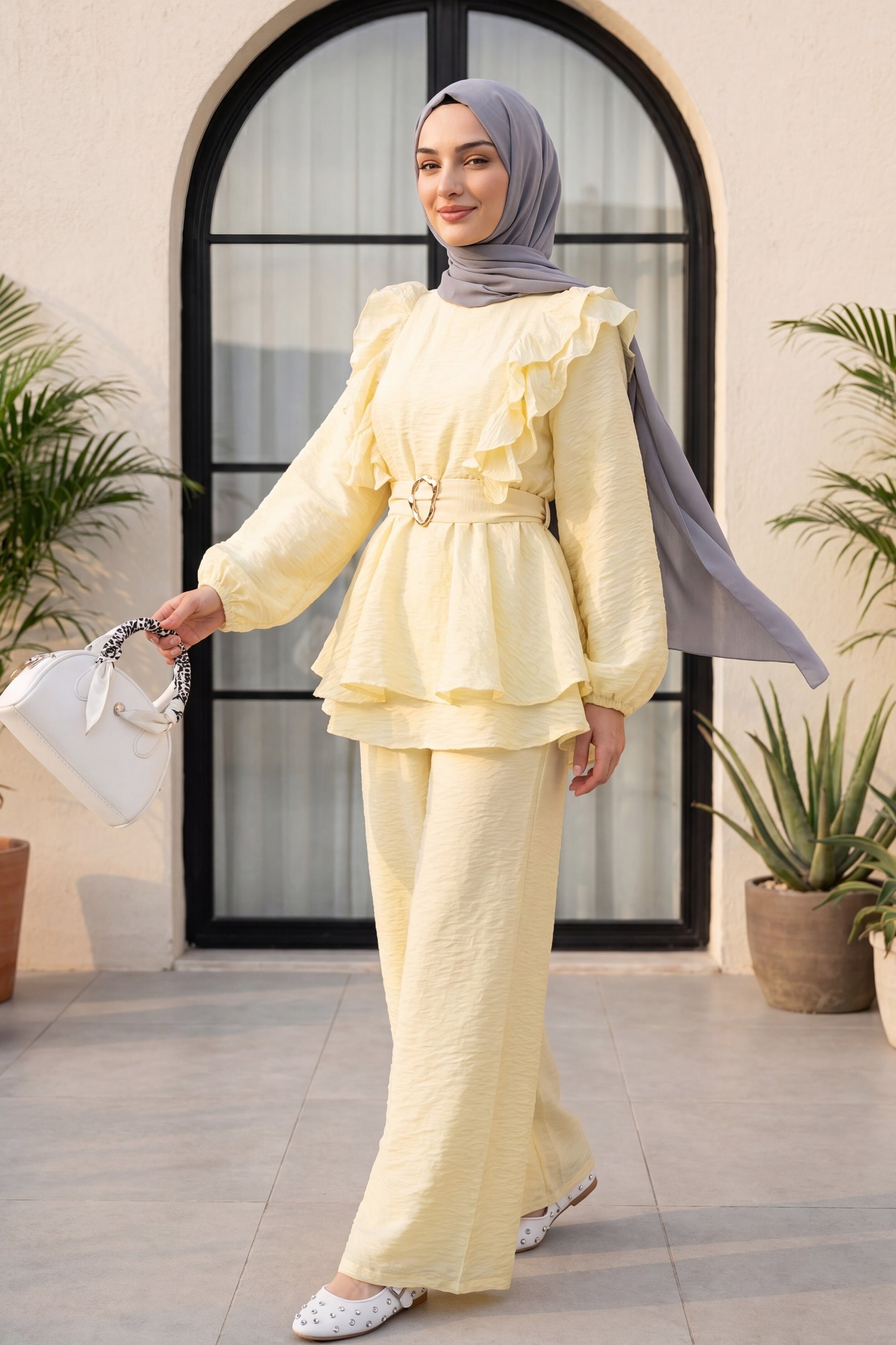Ruffled Front Voile Blouse and Wide-Leg Trousers Set - Yellow - Podyumplus - by Peralane - photo 4