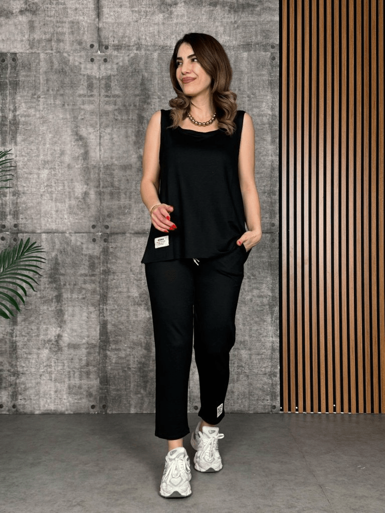 Women's Sleeveless Round Neck Viscose Two-Piece Lounge Set with Drawstring Trousers - Janes - by Peralane