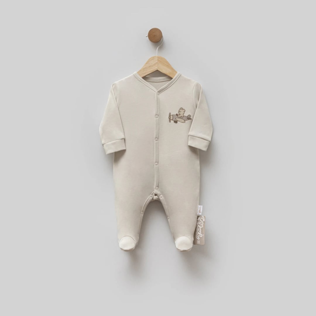 Baby Romper with Bear Airplane Embroidery - Beige (Pack of 3) - Flexi Baby - by Peralane