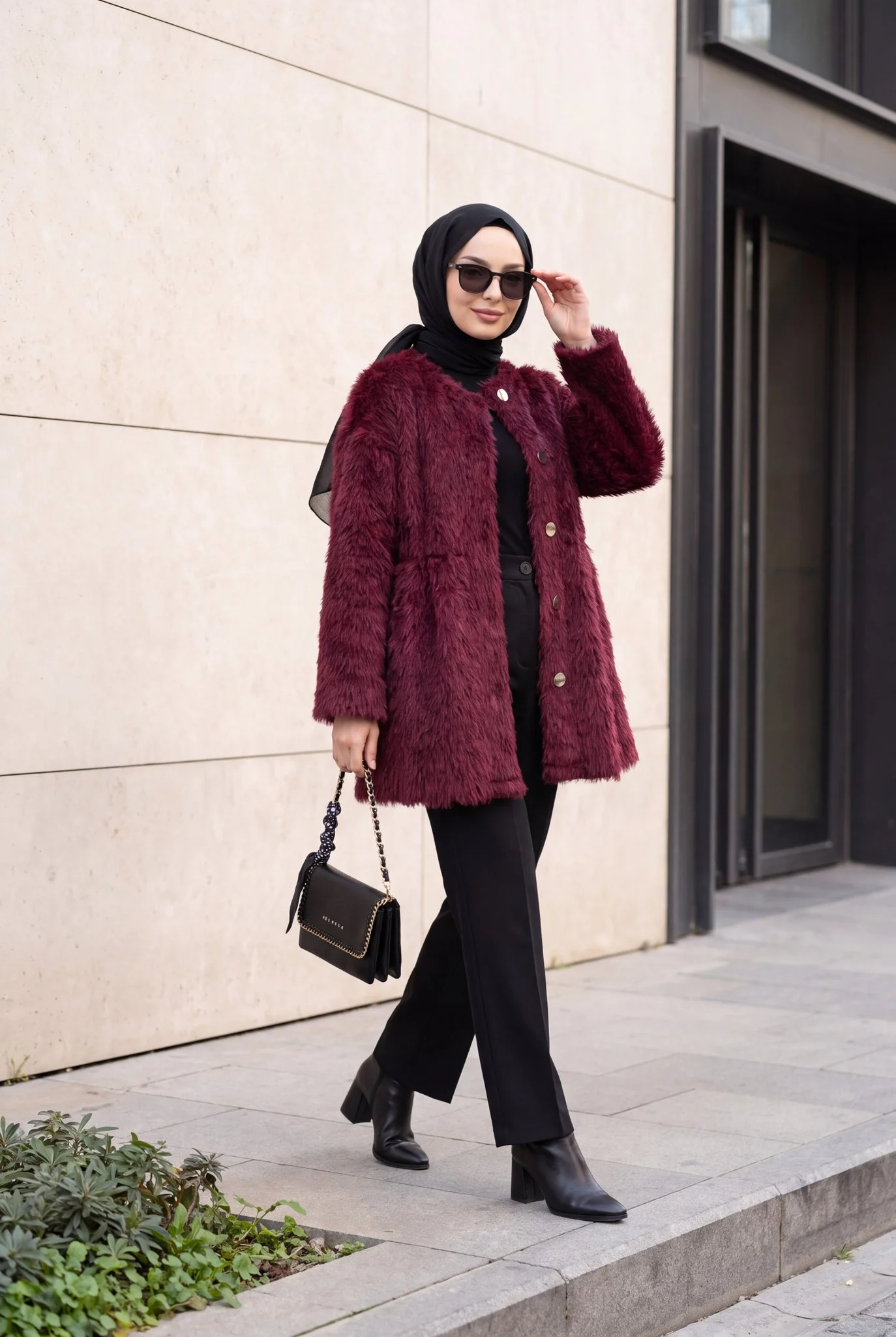 Burgundy Faux Fur Belted Jacket with Lining - Podyumplus - by Peralane