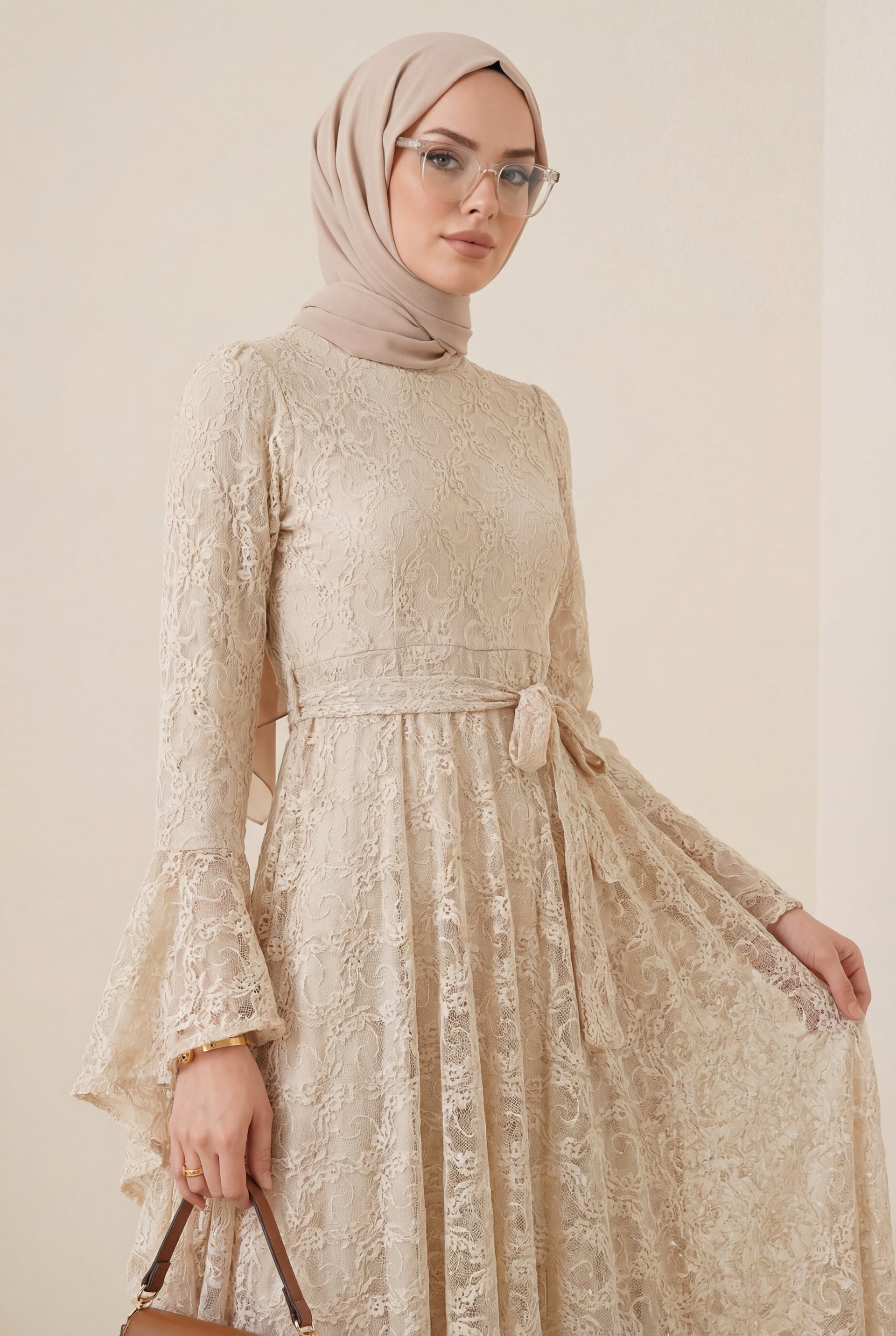 Floral Lace High Neck Long Sleeve Belted Lined Dress - Light Beige - Podyumplus - by Peralane - photo 3