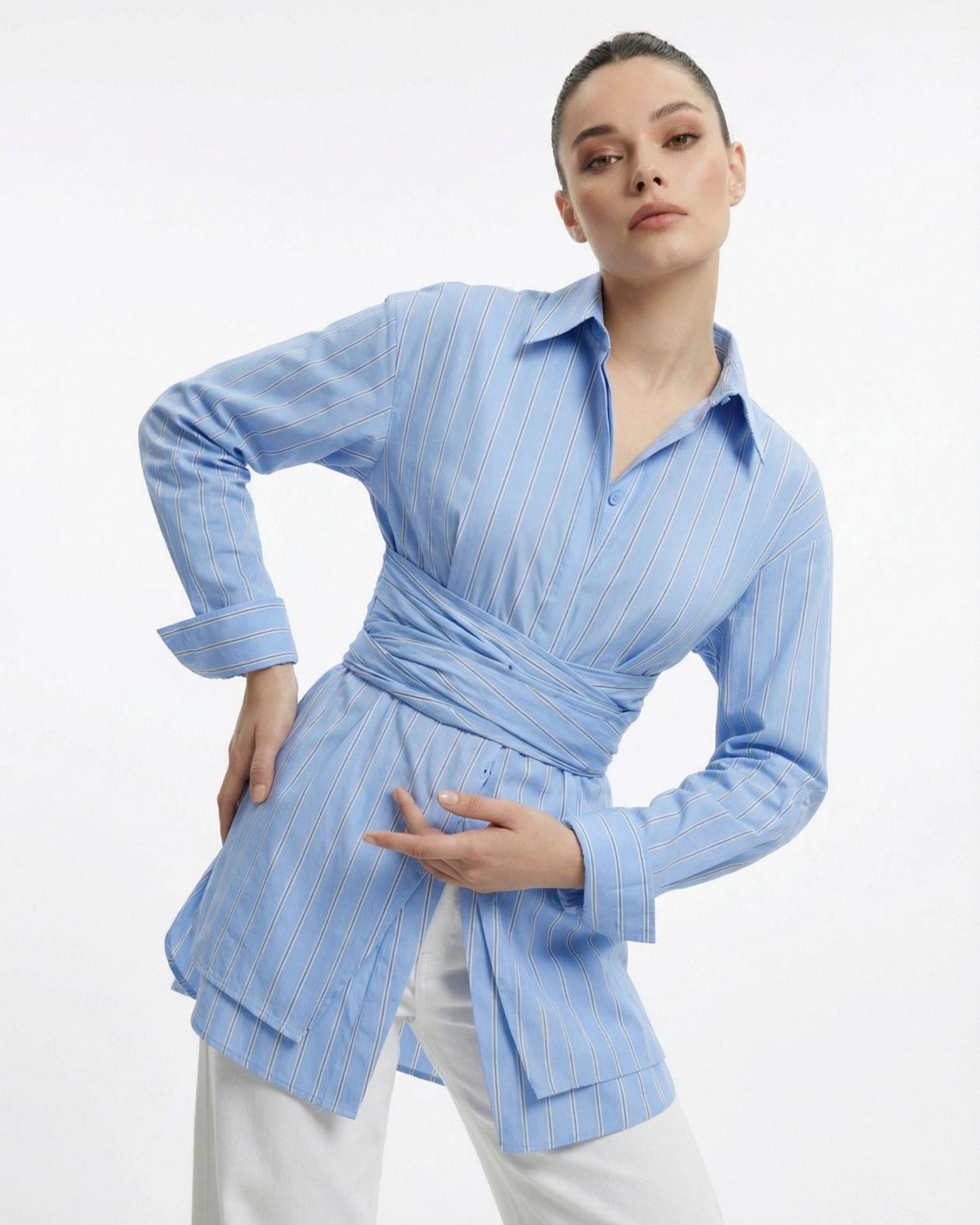 Light Blue Pinstriped Blouse with Wrap Tie - Fame - by Peralane - photo 3