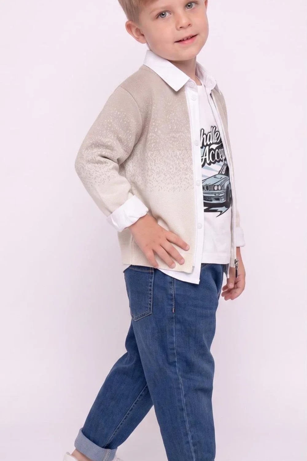 Boys' Cotton T-Shirt and Beige Knitted Cardigan Set - Has Bereket - by Peralane