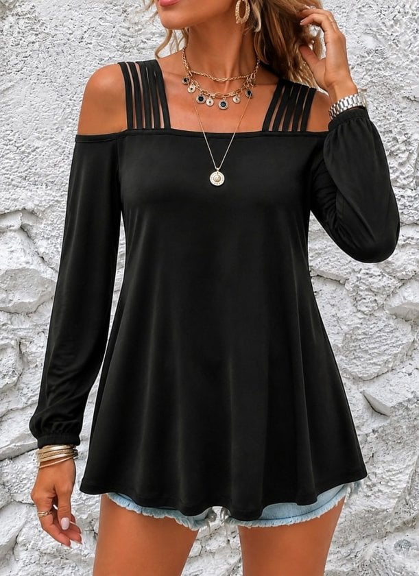 Women's Black Long-Sleeved Viscose Blouse with Open Shoulder Strap Detail - Janes - by Peralane - photo 3