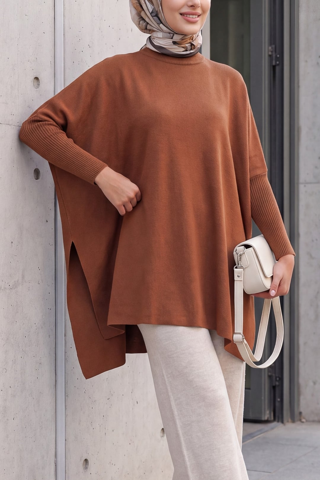 Oversize Pancho Knit Sweater with Side Slits - Rust - Bigdart - by Peralane