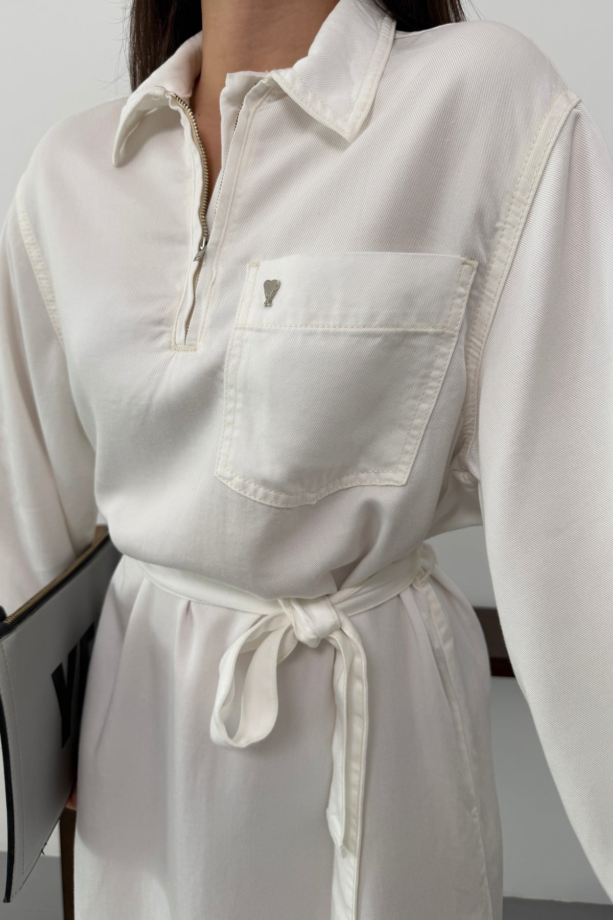 Belted Long Denim Dress with Collar in Off-White - Xlove - by Peralane - photo 6