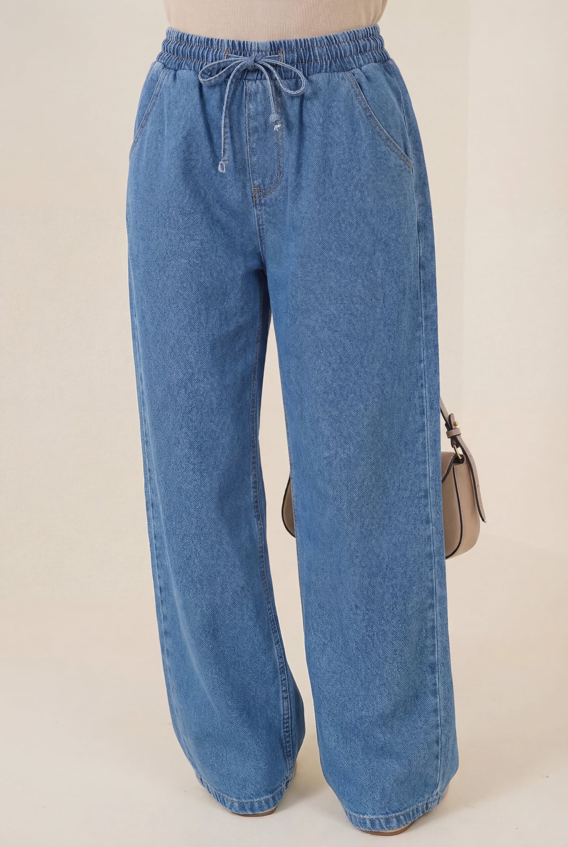Light Blue Elastic Waist Wide Leg Denim Trousers - Podyumplus - by Peralane - photo 2