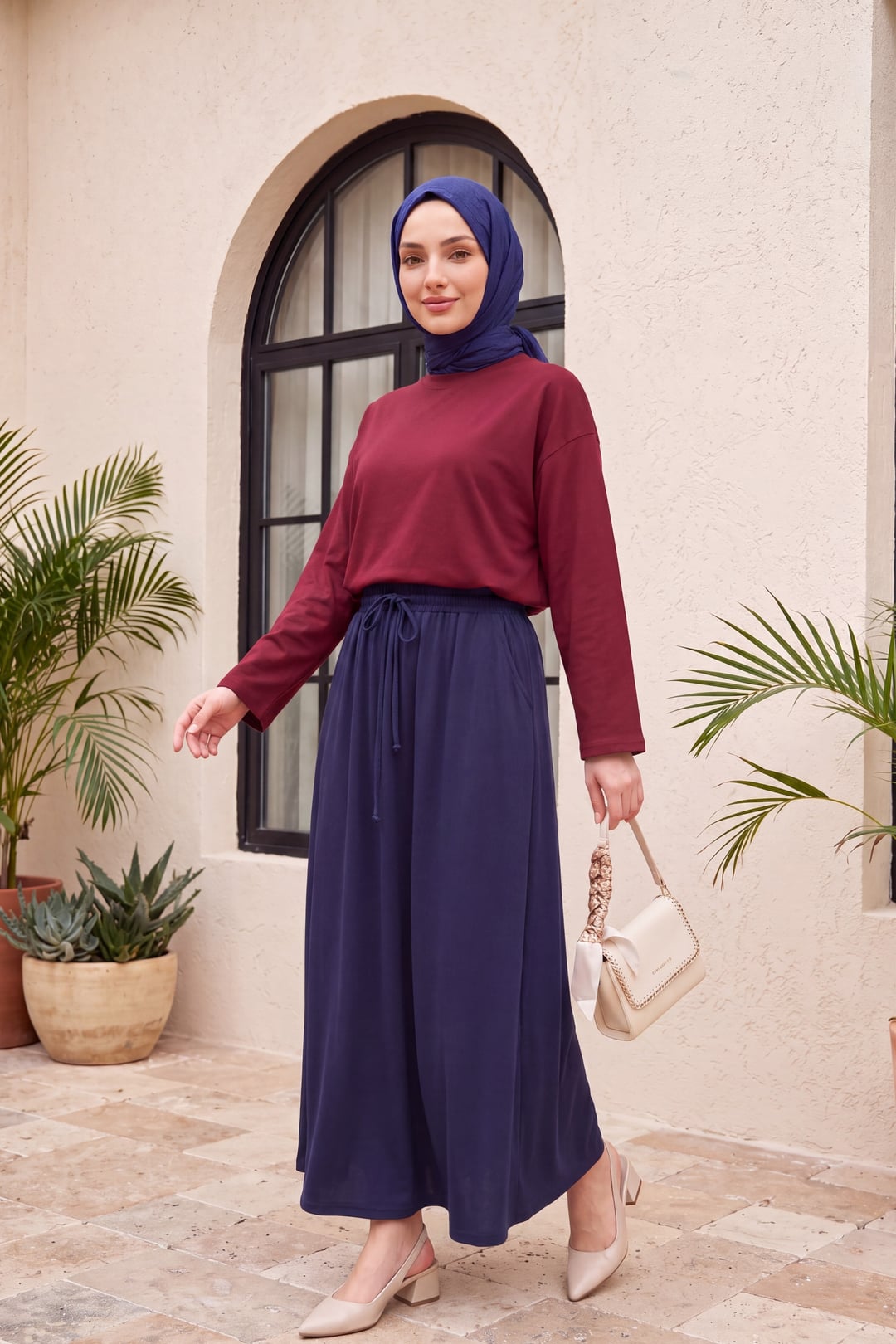 Round Neck Relaxed Knit Tunic - Dark Burgundy - Podyumplus - by Peralane - photo 4