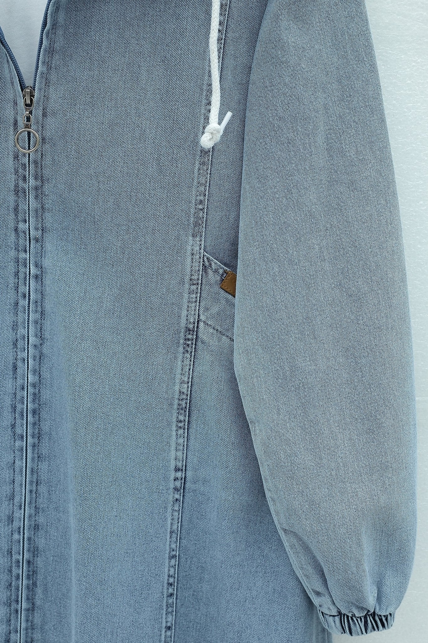 Full-Length Zipper Hooded Denim Jacket with Elasticated Cuffs and Pockets - Light Blue - Podyumplus - by Peralane - photo 5