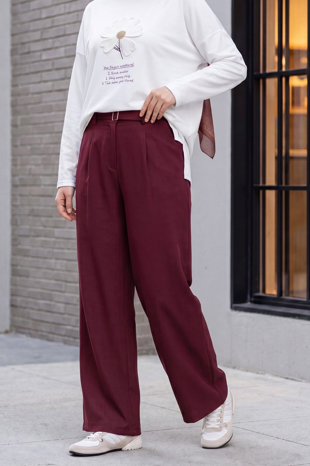 Elasticated Waist Belted Tencel Cupro Trousers - Bordeaux - Podyumplus - by Peralane