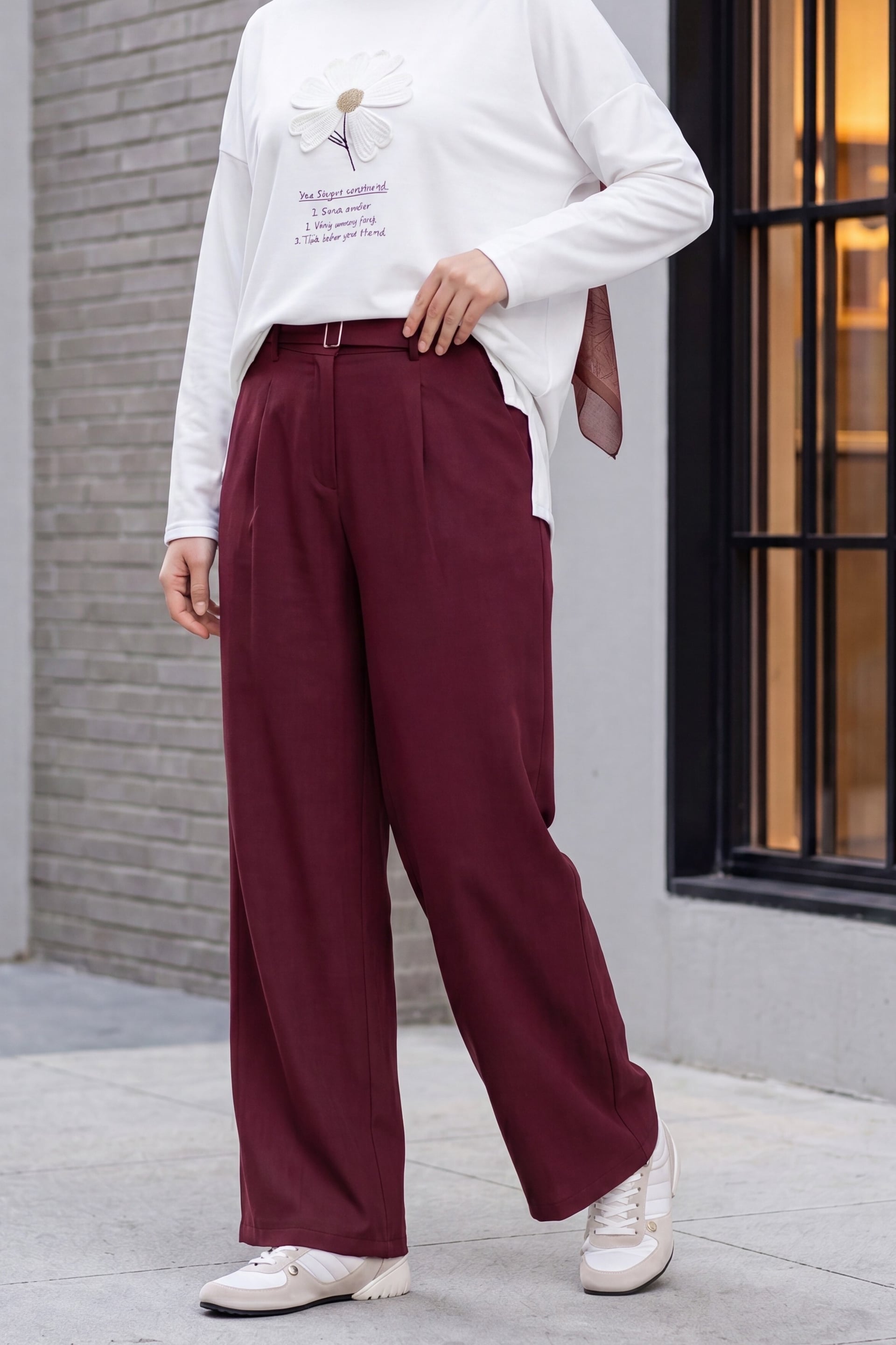 Elasticated Waist Belted Tencel Cupro Trousers - Bordeaux - Podyumplus - by Peralane