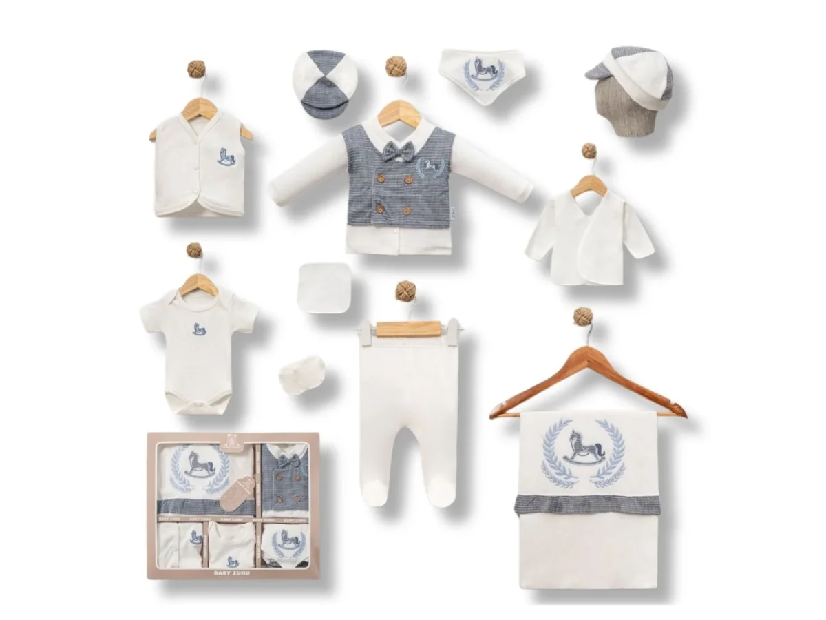 Newborn Boy Hospital Exit Set in Smoke Grey with Horse Embroidery (5 Pieces) - Baby Zuhu - by Peralane