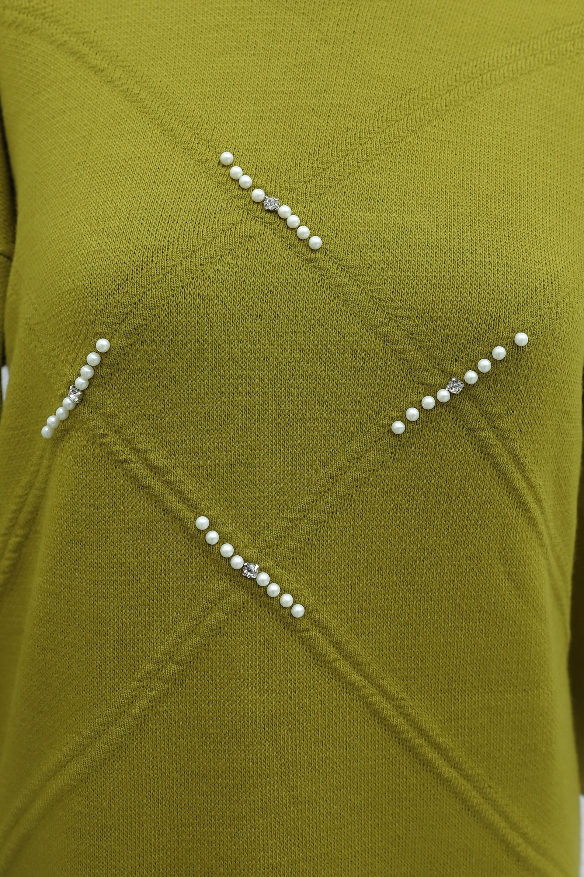 Olive Green Knit Dress with Stone and Bead Details - Podyumplus - by Peralane - photo 6