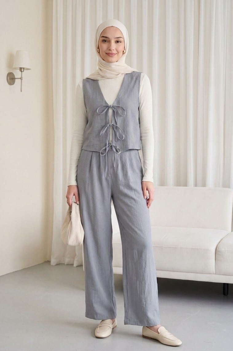 Women's Linen Look Two-Piece Set with Lace-Up Vest and Wide-Leg Trousers - Grey - Podyumplus - by Peralane - photo 6