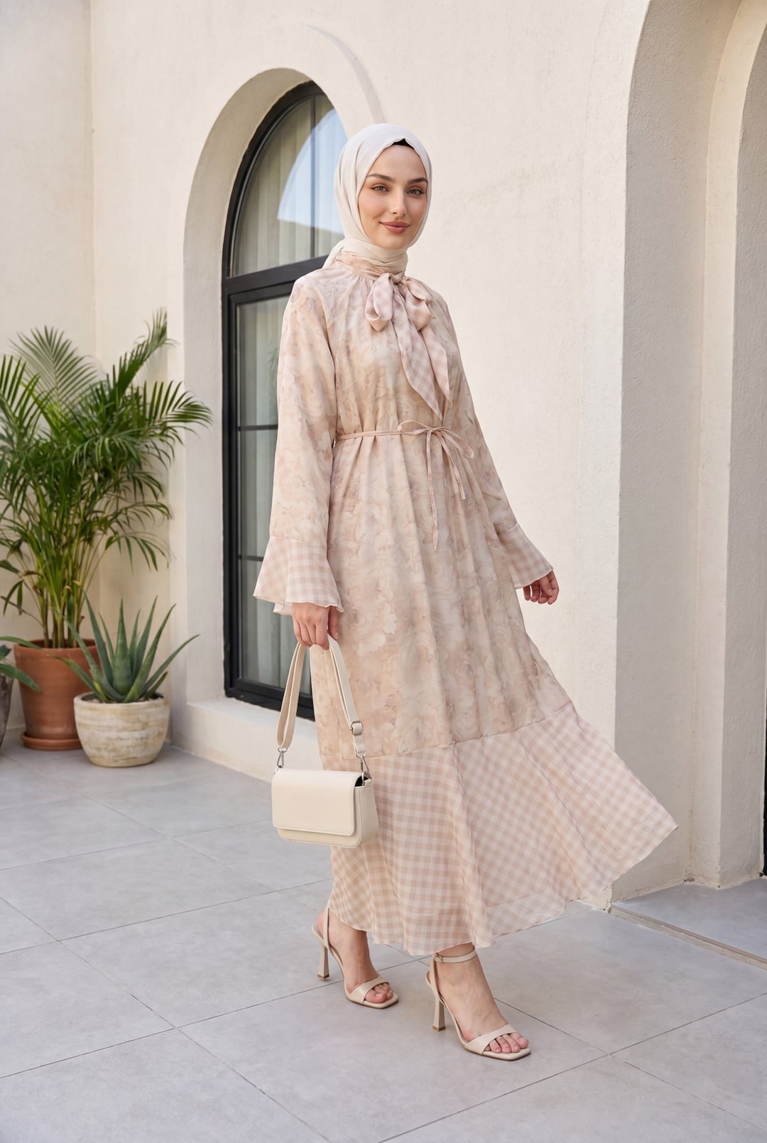 Tie-Neck Floral Gingham Chiffon Dress - Light Beige - Podyumplus - by Peralane - photo 3
