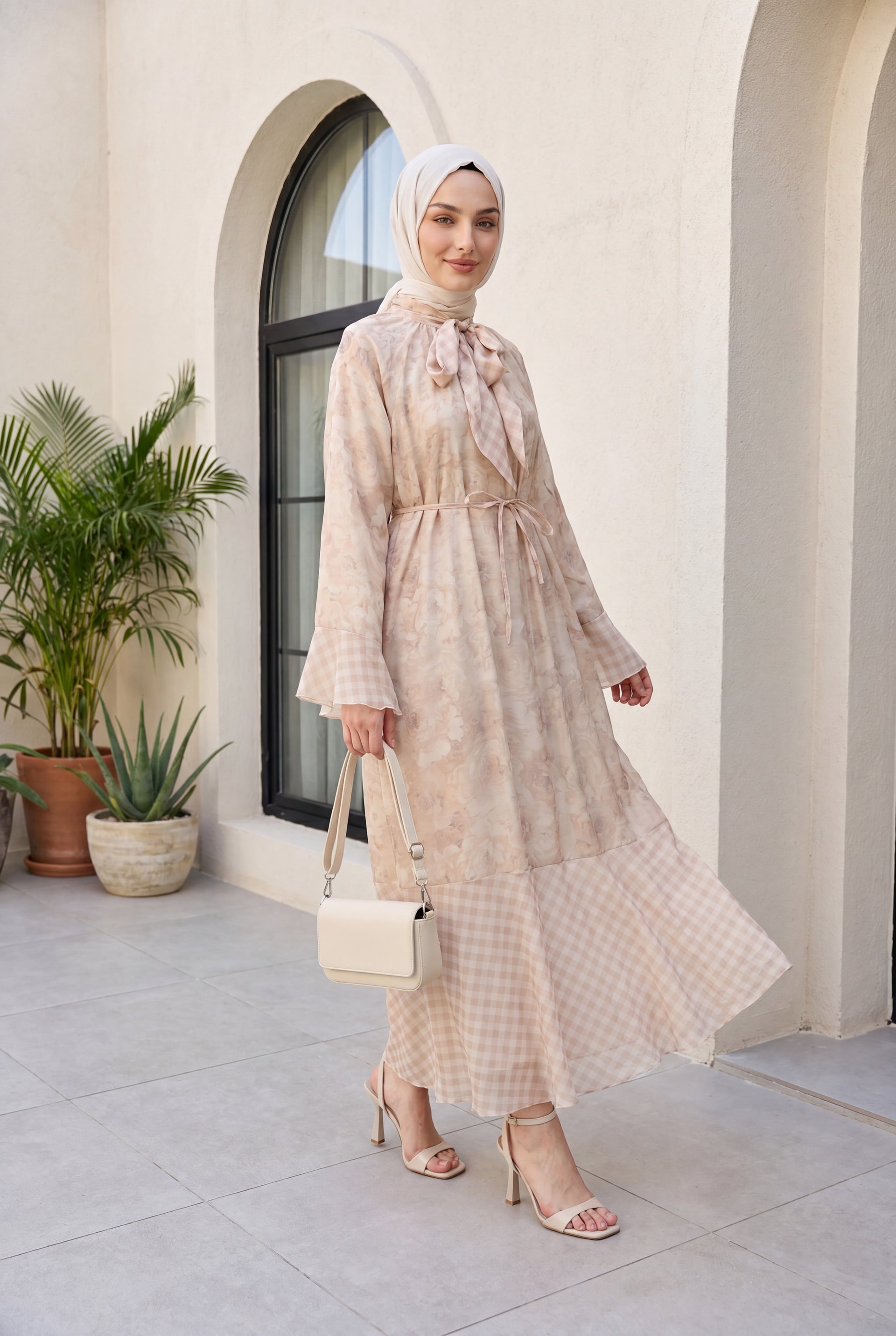 Tie-Neck Floral Gingham Chiffon Dress - Light Beige - Podyumplus - by Peralane - photo 3