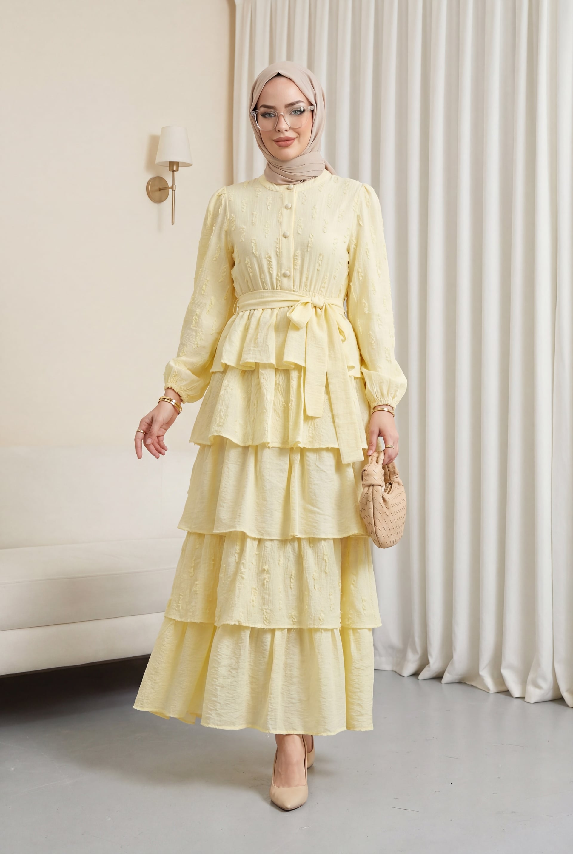 Yellow Crinkle Tiered Midi Dress with Half Button Front and Belt - Podyumplus - by Peralane - photo 5