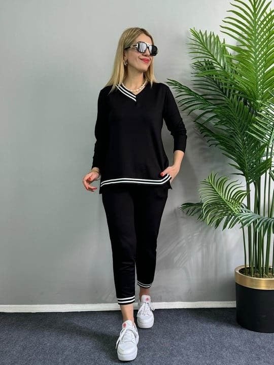 Women's Long-Sleeve Ribbed Two-Piece Track Set with White Stripes, Size 14 - Janes - by Peralane