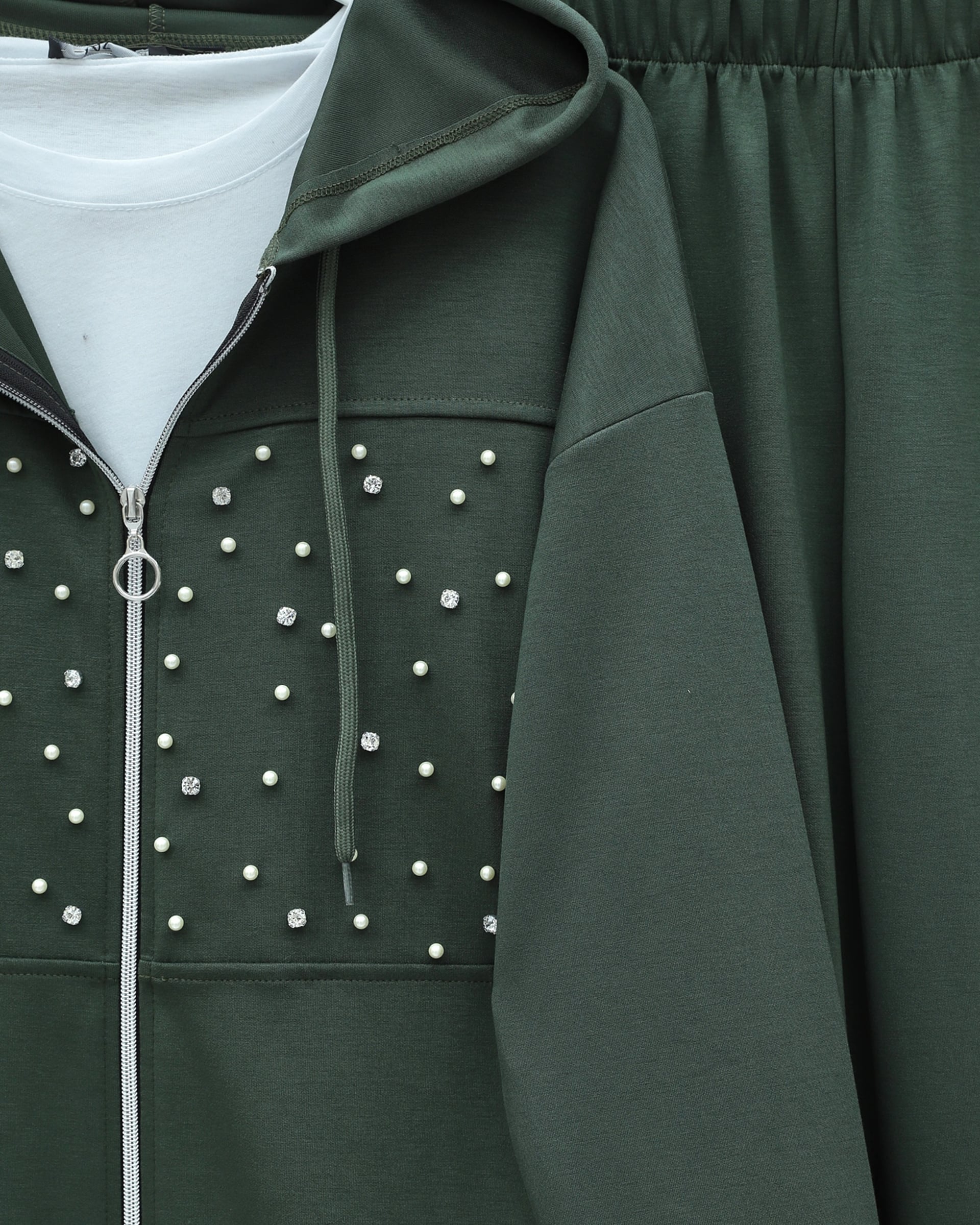 Hooded Zip-Front Pearl and Stone Detail Oyhso Tracksuit - Khaki - Podyumplus - by Peralane - photo 5