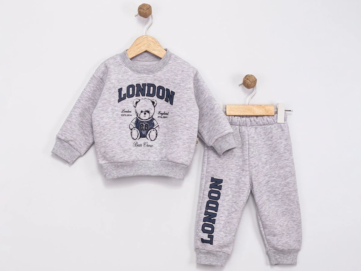 Boys' Teddy Bear Print Fleece Sweatshirt and Trousers Set - Navy - Feely Kids - by Peralane