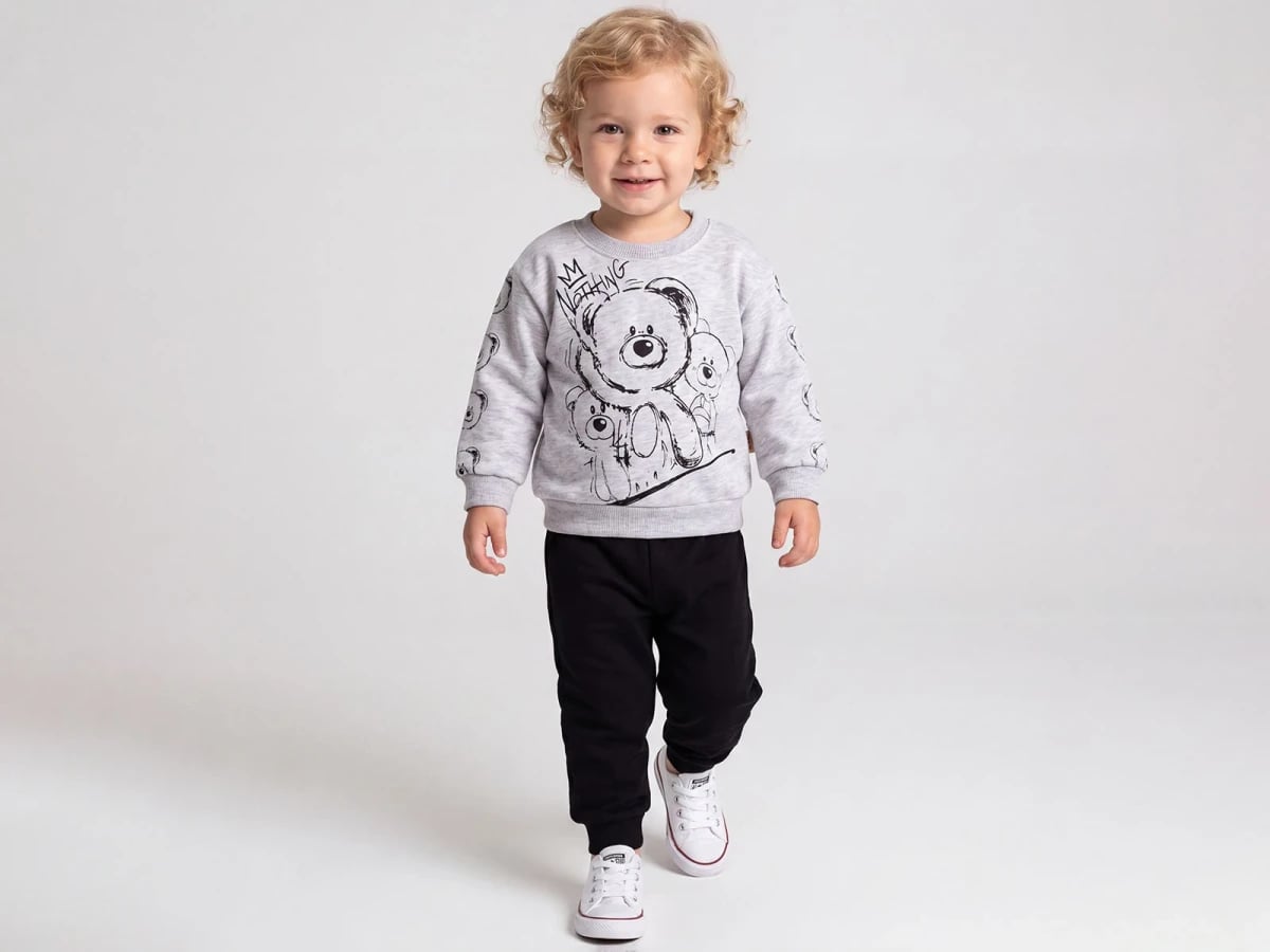 Boys' Teddy Bear Print 3-Thread Brushed Fleece Set - Light Grey, Pack of 4 - Feely Kids - by Peralane