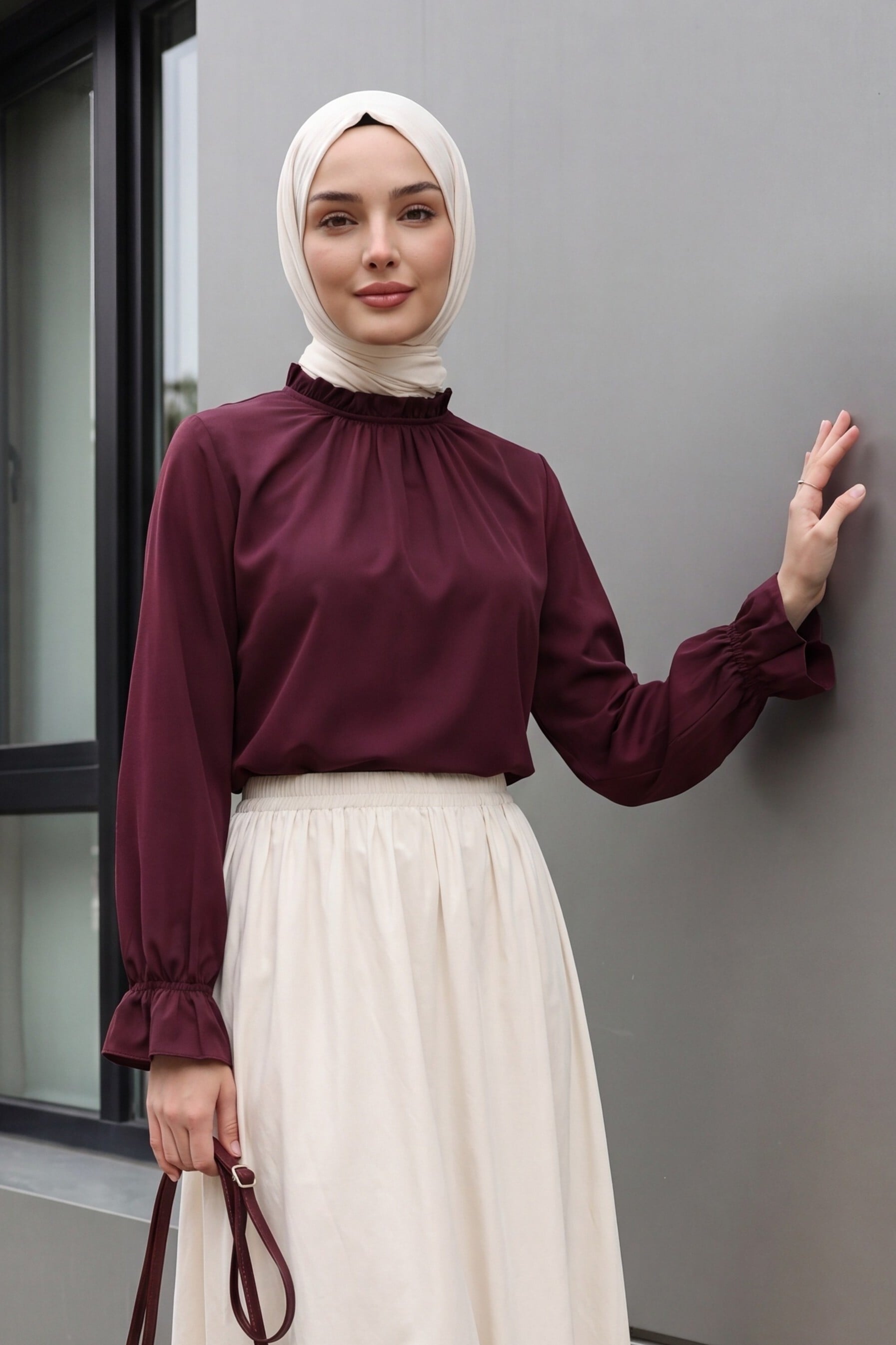 Ruffled Neck Poplin Blouse - Burgundy - Podyumplus - by Peralane