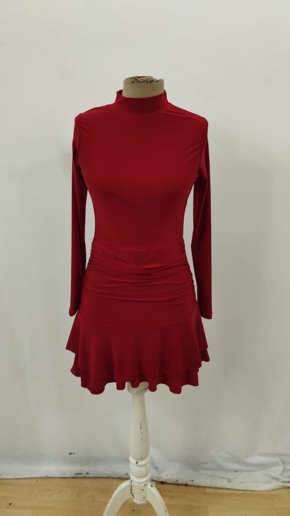 Women's Long-Sleeve Mock Neck Mini Dress with Ruffled Hem, Red - Janes - by Peralane - photo 7