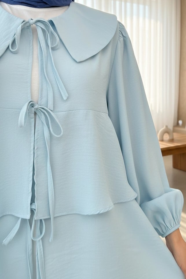 Light Blue Tie-Front Layered Peplum Kimono Blouse - Podyumplus - by Peralane - photo 4