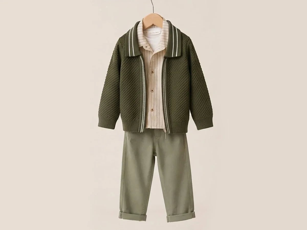 Boys' 4-Piece Knit Cardigan, Shirt and Trousers Set - Olive - Canoz - by Peralane