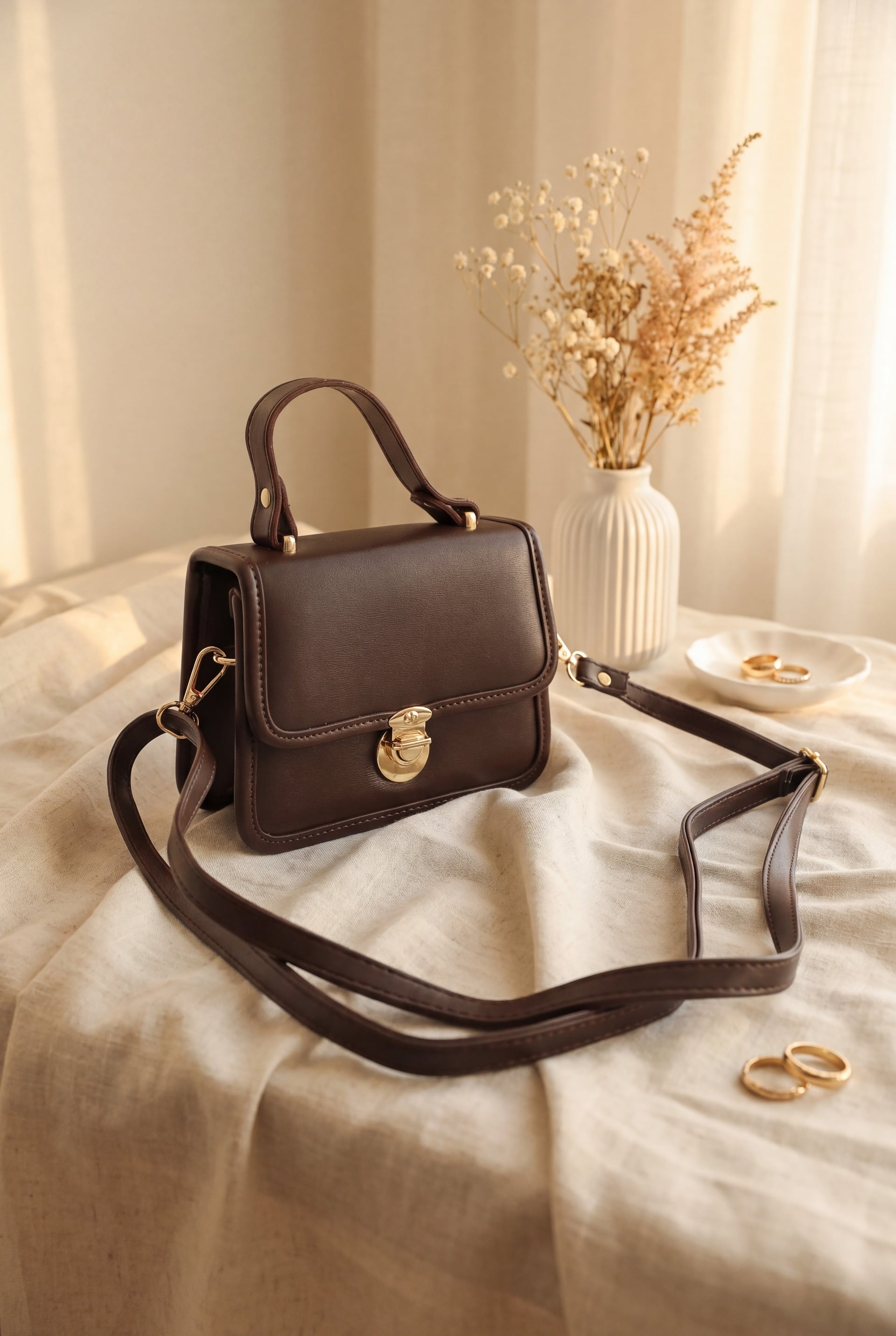 Box Handbag with Locked Flap, Handle and Long Strap - Dark Brown - Podyumplus - by Peralane