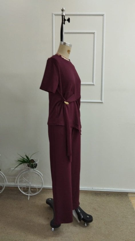 Women's Short-Sleeve Round Neck Side Buckle Detail Viscose Two-Thread Blouse and Trousers Co-ord Set - Janes - by Peralane - photo 5