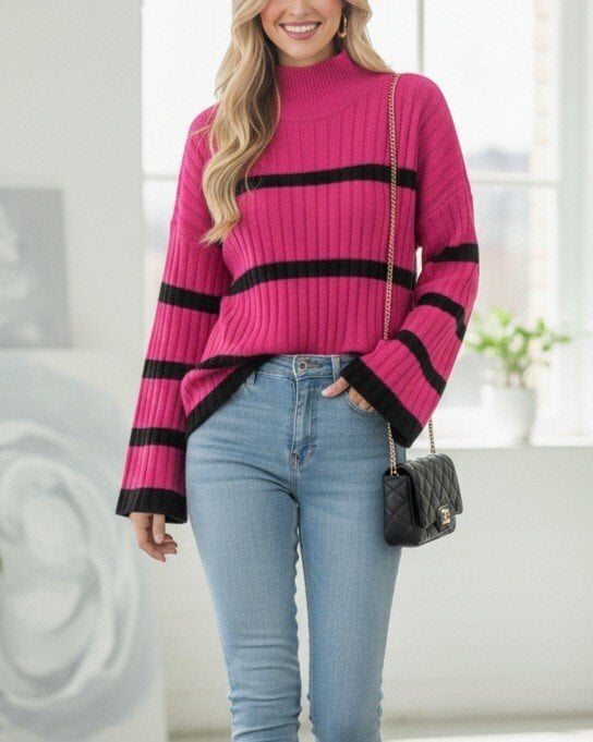 Striped Oversized-Sleeve Knit Sweater - Fuchsia - Podyumplus - by Peralane - photo 7