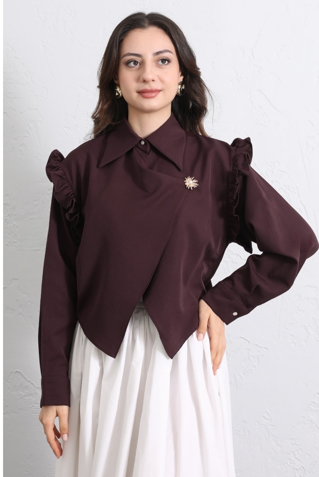 Ruffled Shoulder Wrap Front Brooch Detail Crepe Blouse - Dark Plum - Podyumplus - by Peralane - photo 4