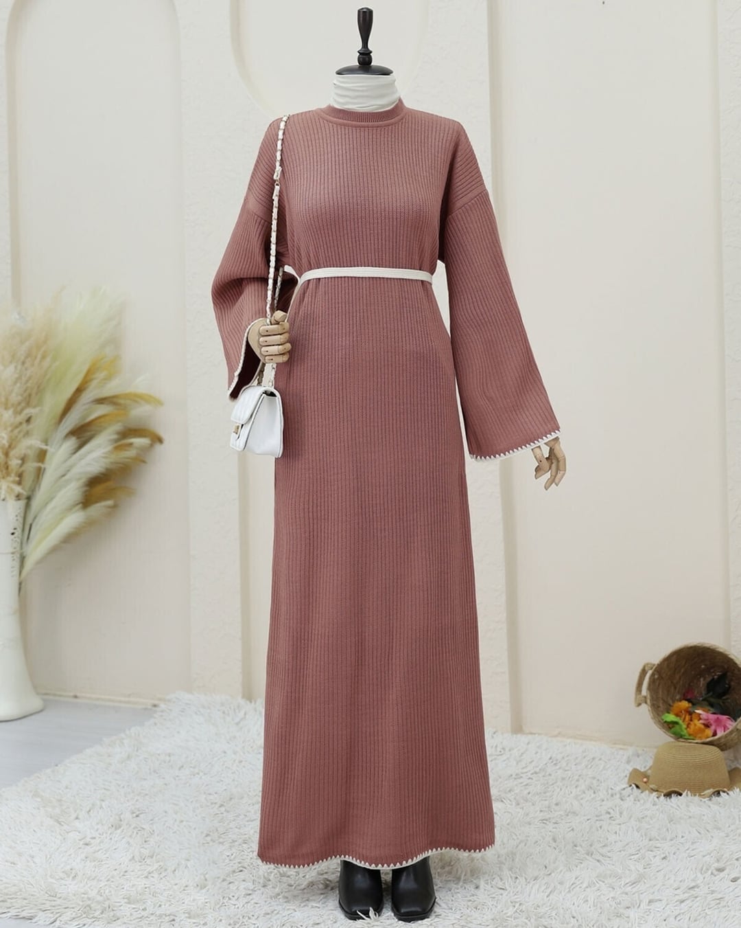 Embroidered Lace-Up Knit Dress - Dusty Rose - Podyumplus - by Peralane - photo 2