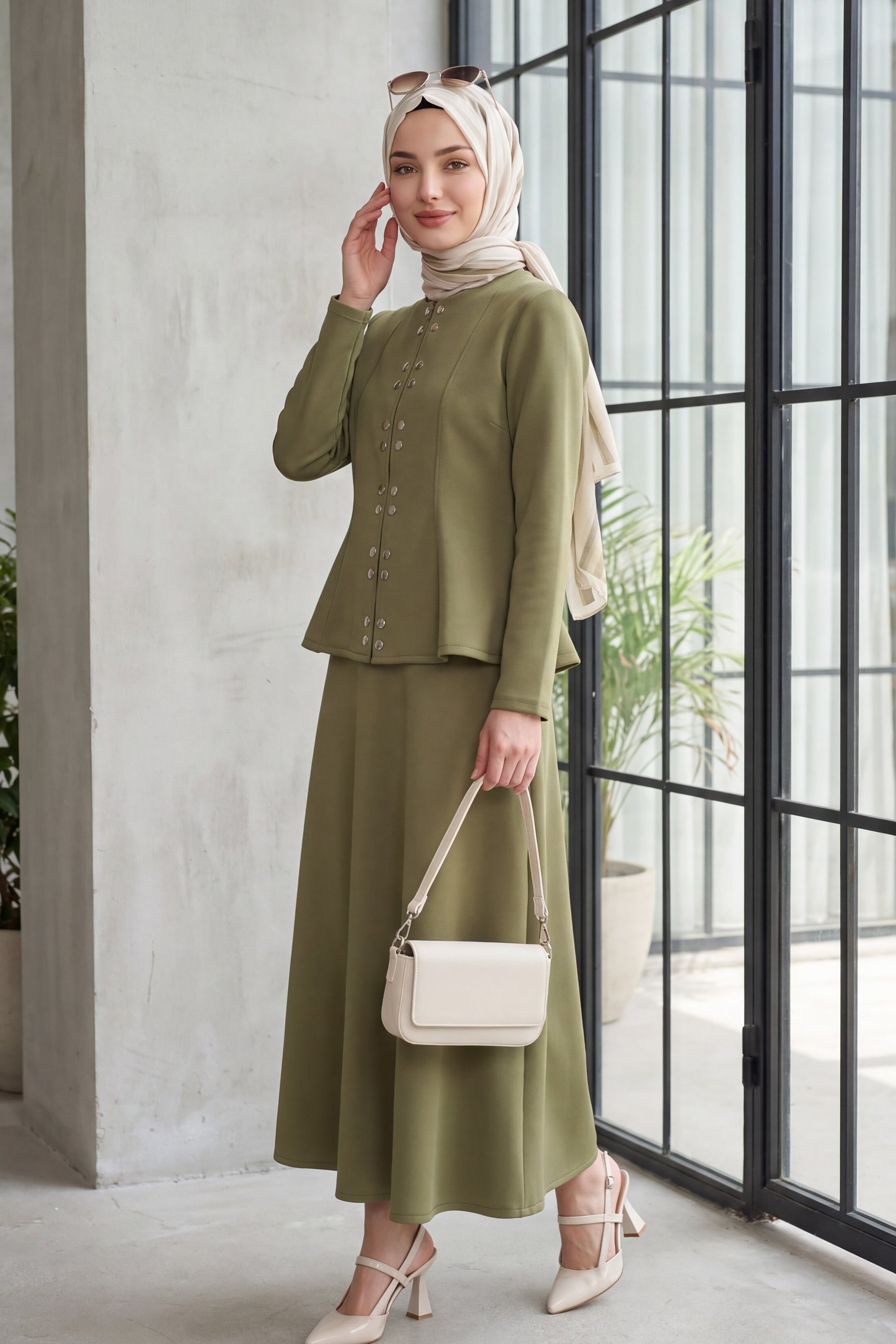 Women's Scuba Two-Piece Set with Peplum Jacket and Flared Skirt in Olive Green - Podyumplus - by Peralane - photo 3