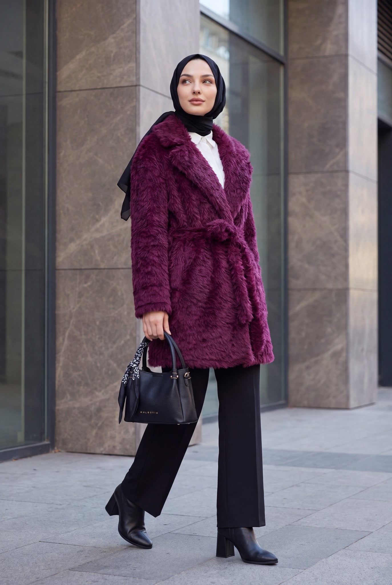 Belted Faux Fur Trimmed Coat in Plum - Podyumplus - by Peralane