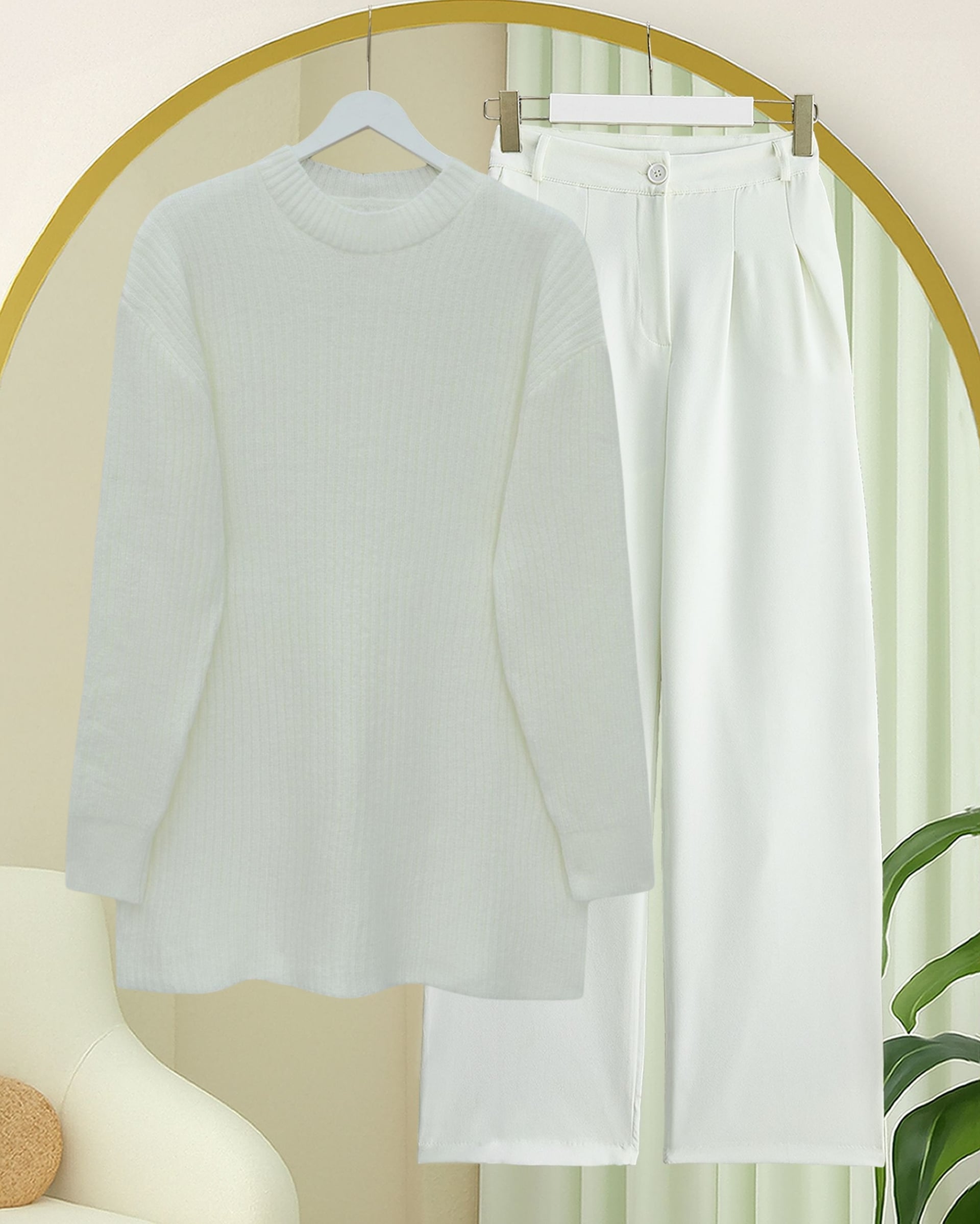 Ribbed Long Tunic Knit Sweater - Off White - Podyumplus - by Peralane