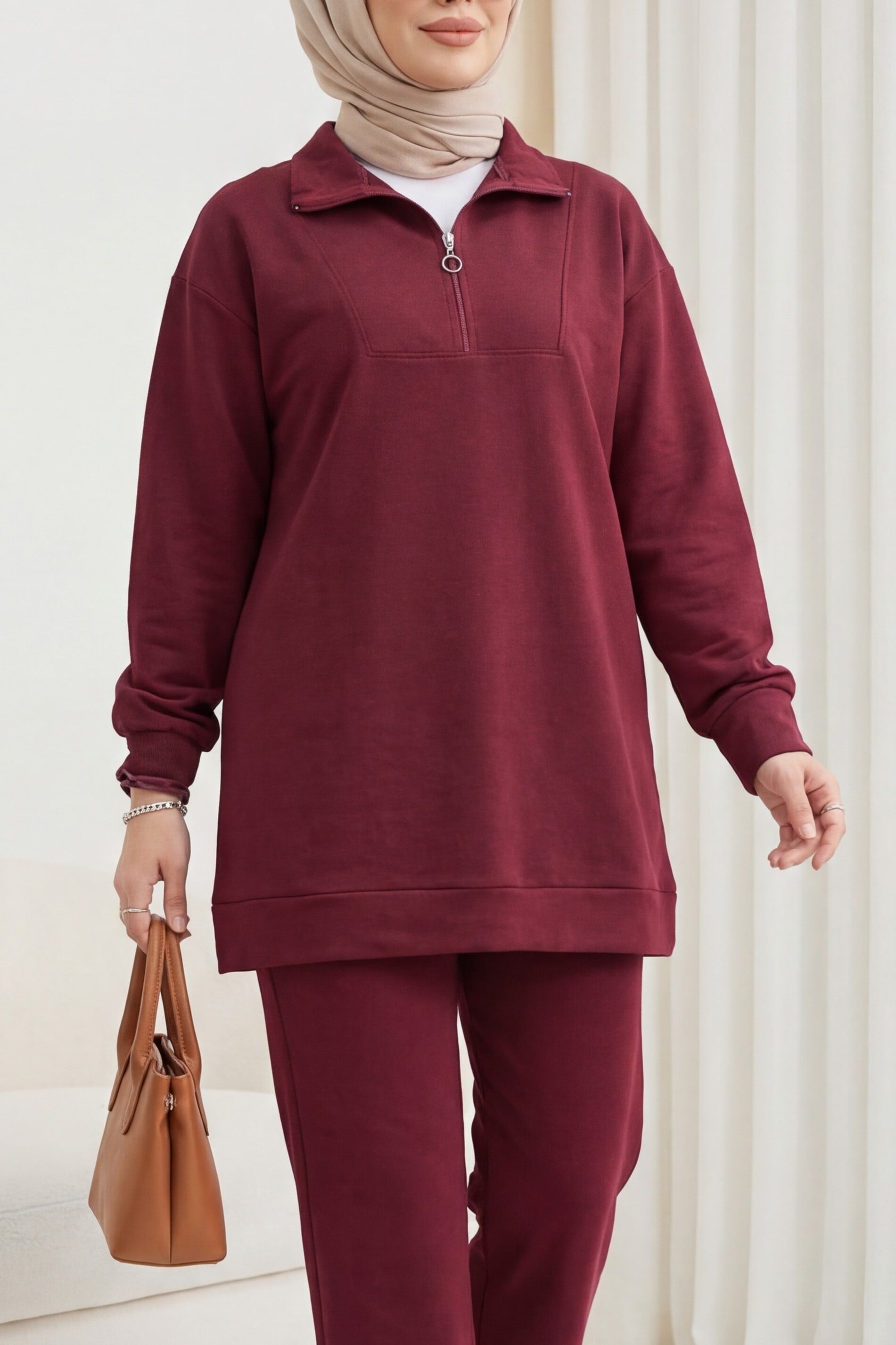 Half-Zip Collared Knit Set in Burgundy - Podyumplus - by Peralane - photo 2