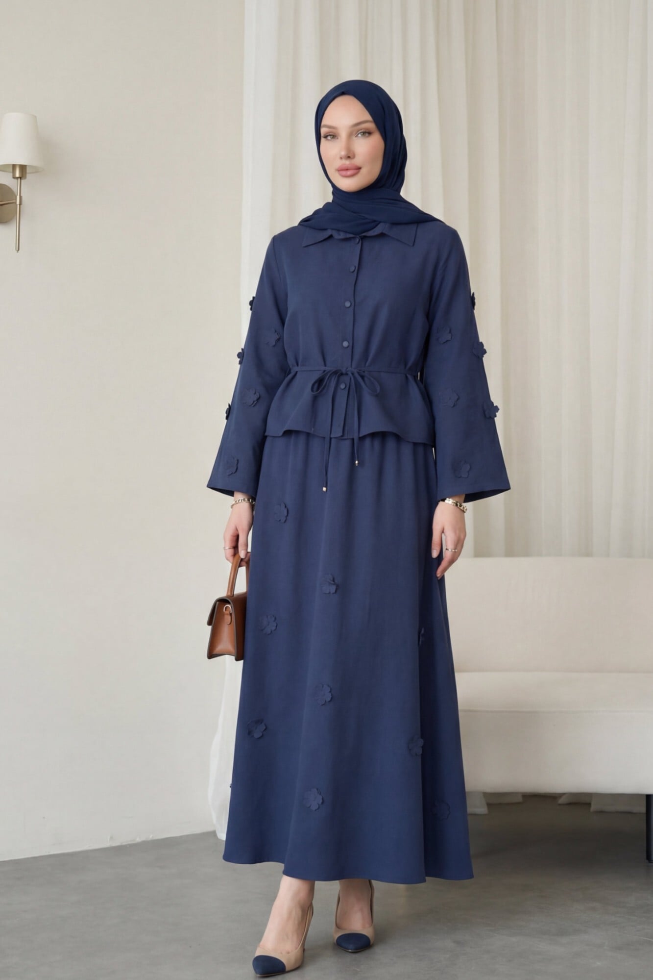 Women's Navy Blue Floral Sleeve and Skirt Trim Modest Two-Piece Shirt and Skirt Set with Tie Waist - Podyumplus - by Peralane