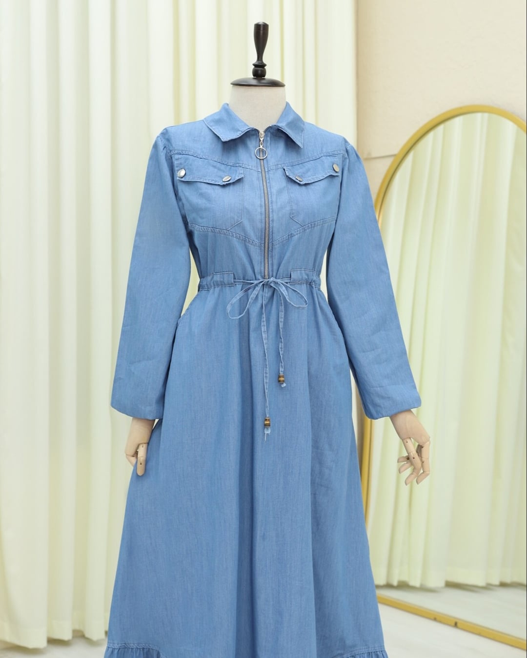Tunnel Drawstring Half-Zip Pocket Denim Dress - Blue - Podyumplus - by Peralane - photo 10