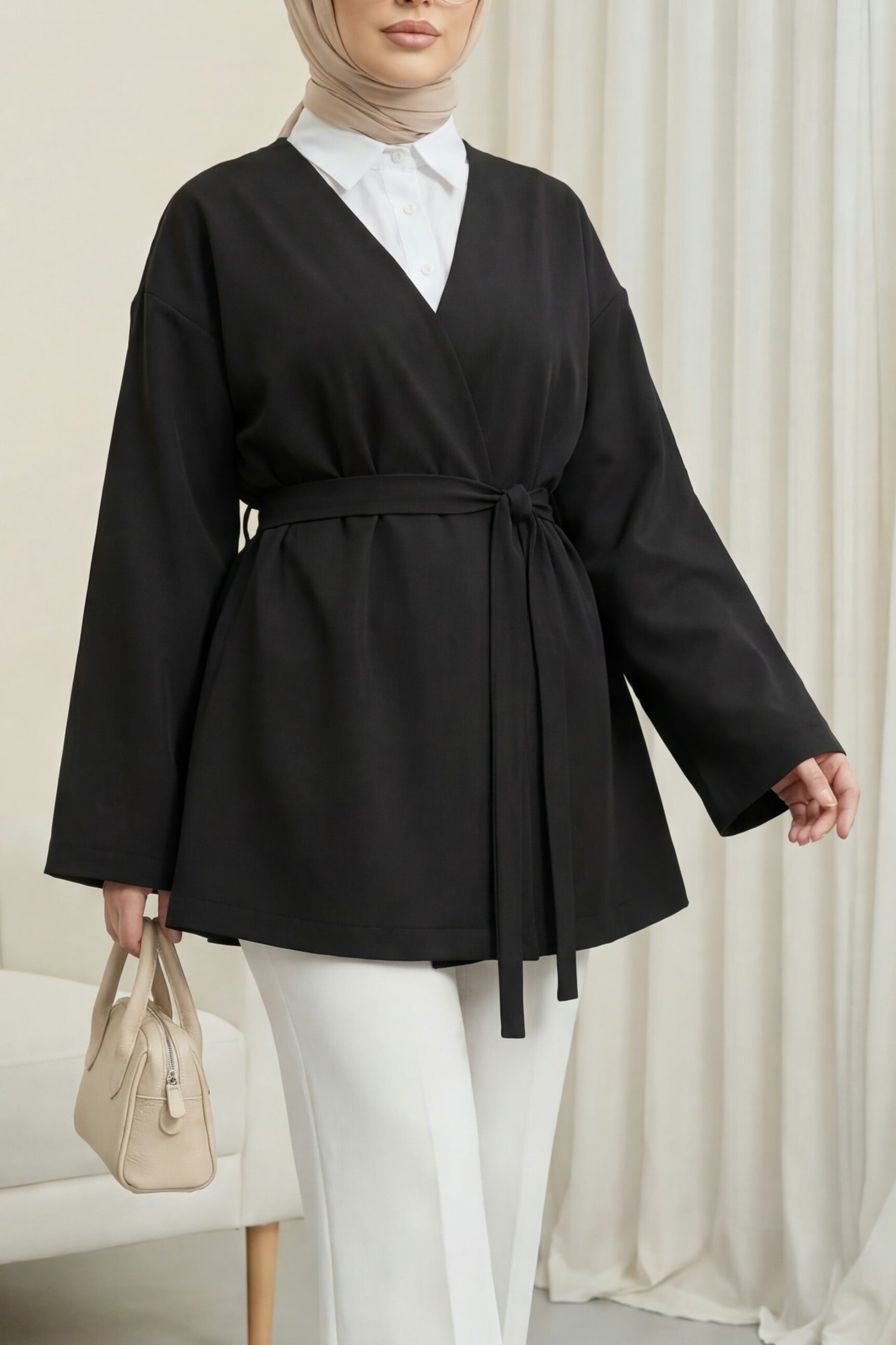Black Belted V-Neck Scuba Kimono for Women - Podyumplus - by Peralane