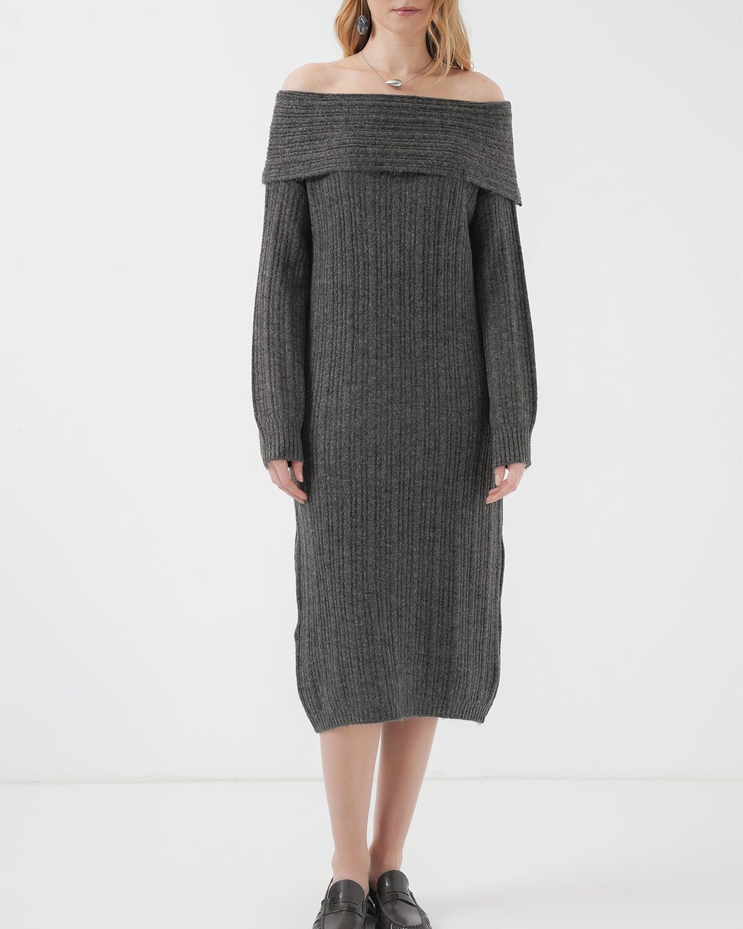 Madonna Collar Oversized Ribbed Knit Dress - Anthracite - Bigdart - by Peralane