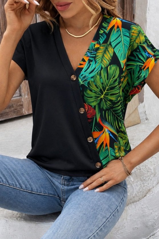 Women's Short Sleeve V-Neck Front Button Blouse with Leopard Detail in Viscose - Janes - by Peralane