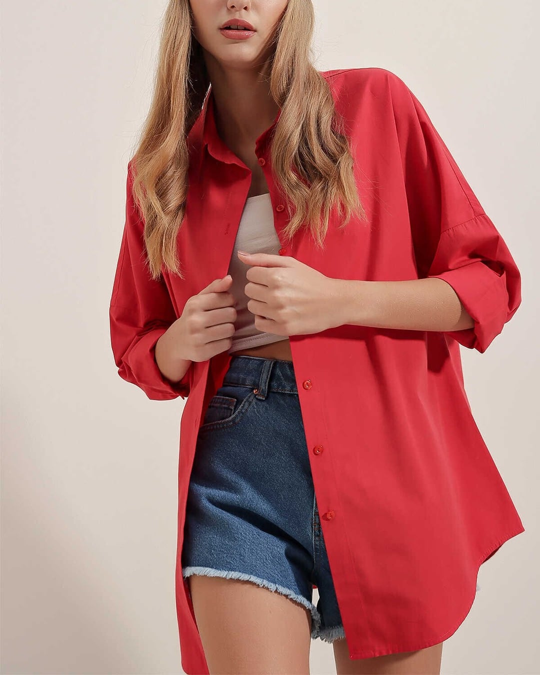 Oversize Long Basic Shirt - Red - Bigdart - by Peralane - photo 2