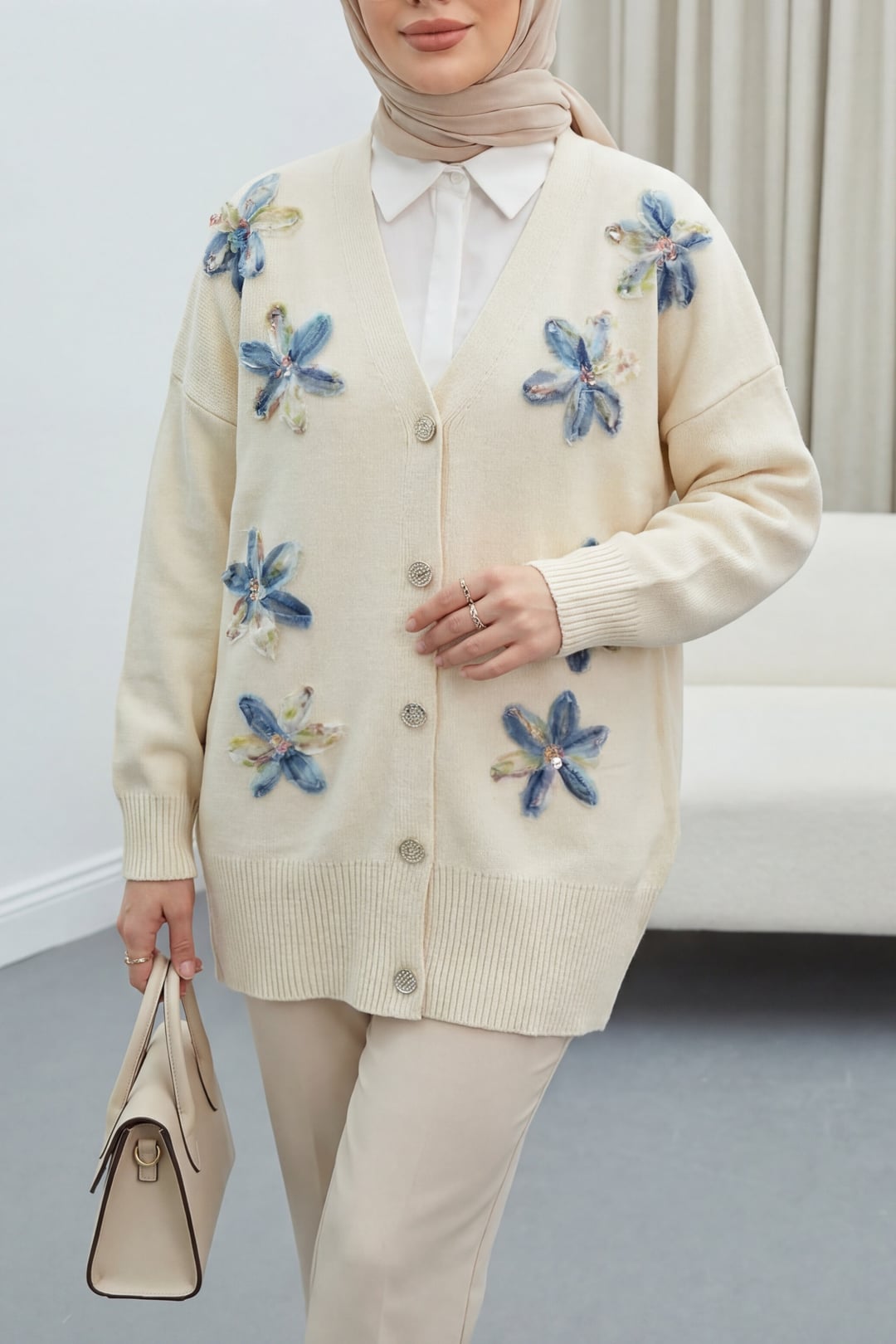 V-Neck Organza Tulle Floral Embroidered Knit Cardigan - Beige - Podyumplus - by Peralane
