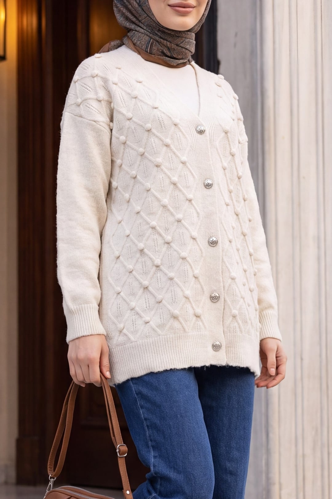 Embroidered Pompom Detail Buttoned Knit Cardigan - Stone Color - Podyumplus - by Peralane