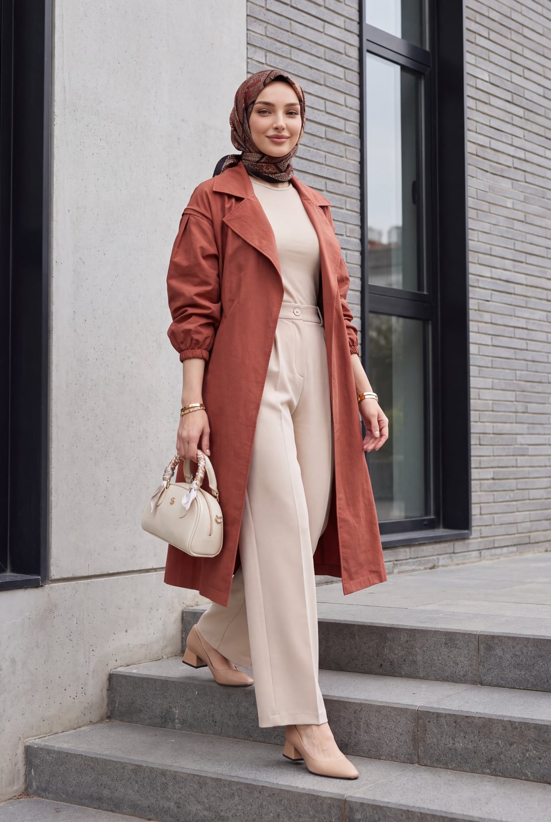 Rust Trench Coat with Elastic Cuffs and Belt for Women - Podyumplus - by Peralane - photo 3