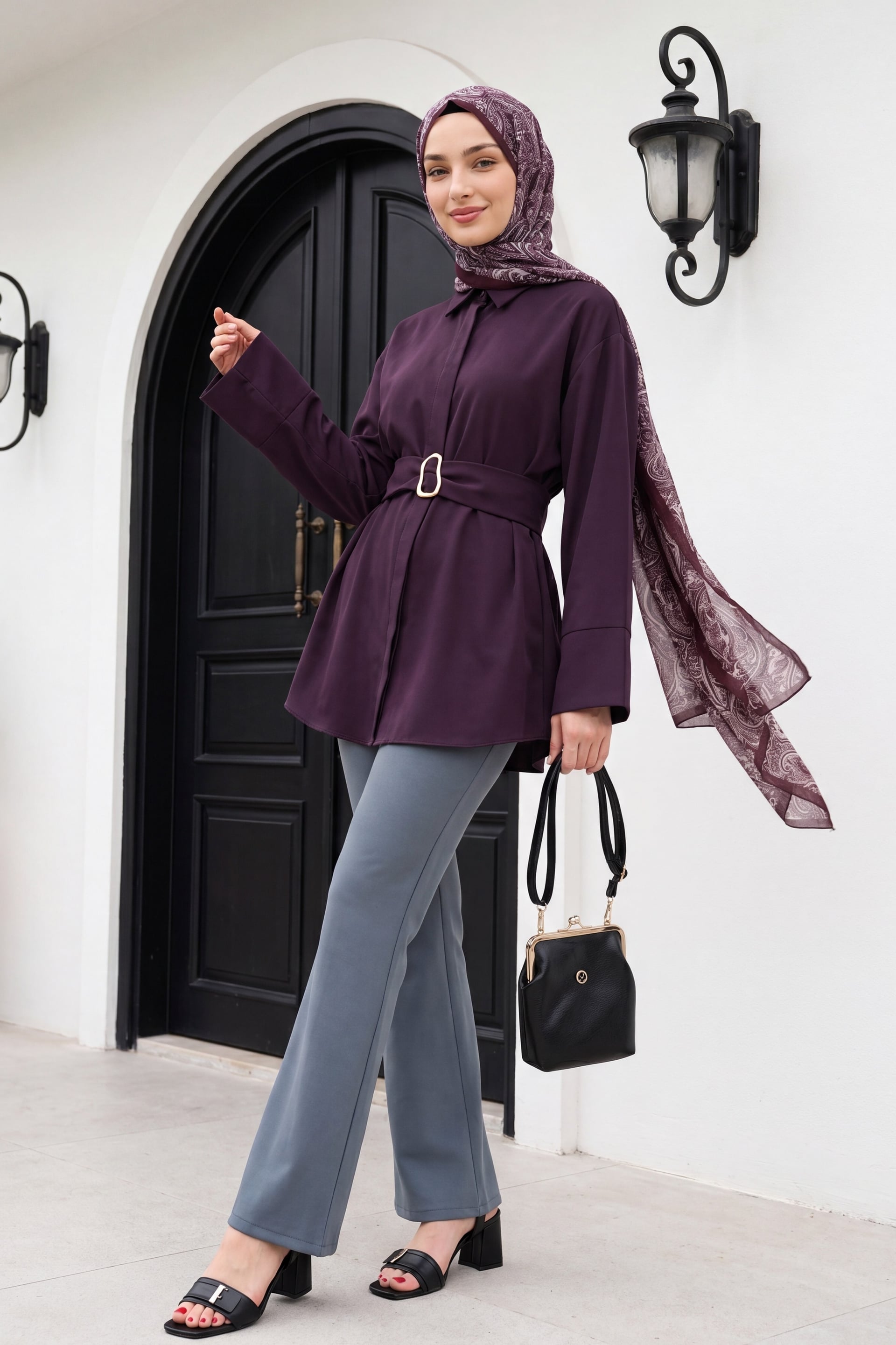 Velcro Waist Flared Trousers in Grey - Podyumplus - by Peralane - photo 3